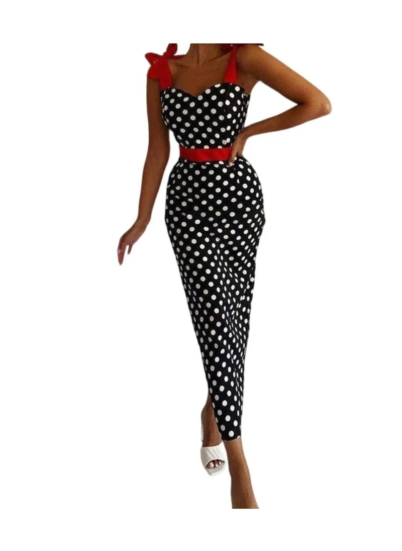 SoBe Waist Belted Ribbon Strap Polka Dot Knitted Crepe Fabric Dress.Made in Turkiye  - Image 3