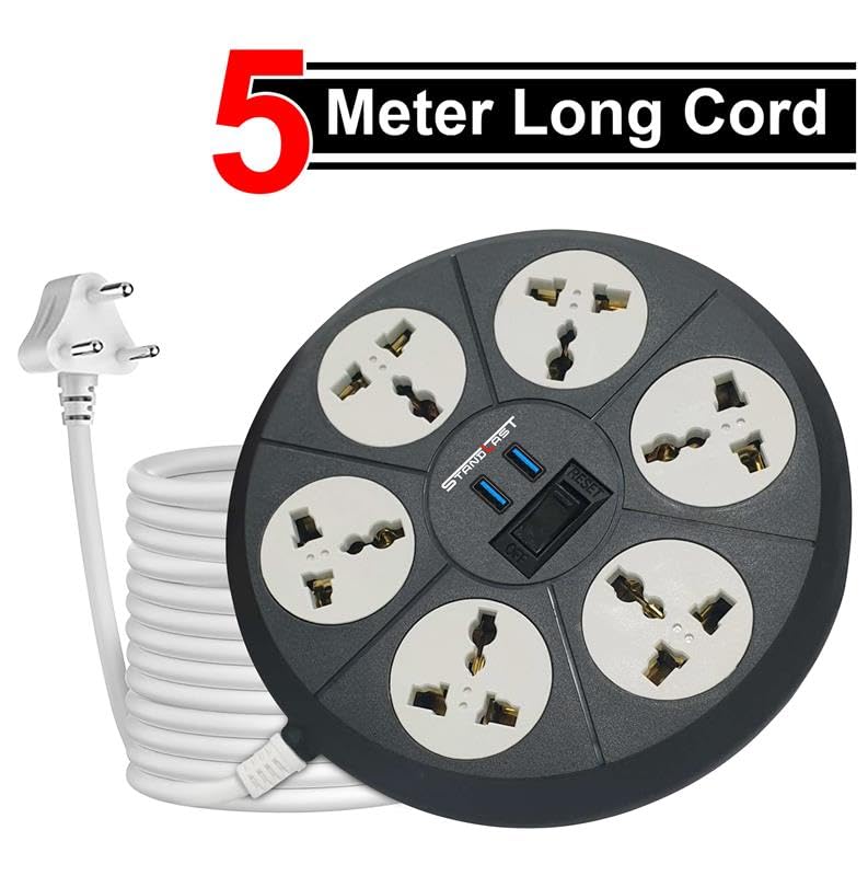 STANDLAST 6-Socket Extension Board with 2 USB (2.4A) | 5 Meter Surge Protector & 10A Spike Guard | Heavy Duty Extension Cord | Universal Socket Power Strip for Home,Office,TV, PC & Appliances - Grey - Image 4