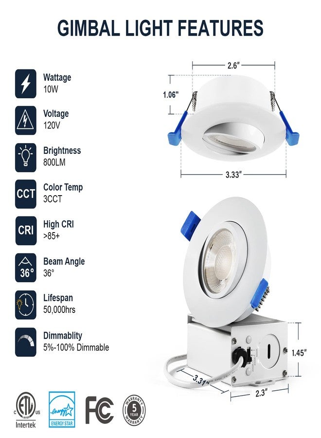 Sublimation 4 Packs 3 Inch Gimbal Led Recessed Light with Junction Box 10w,Waterproof recessed Lights for Shower,3 Colors Adjustable,Suitable for Bathroom,Parlor,Bedroom,Kitchen,Balcony - Image 5
