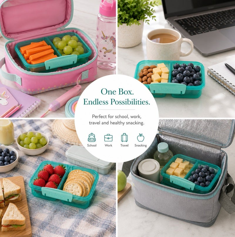 Sistema Small Split Lunch Box 350ml Green with Dual Compartments, Easy Lock Clip Lid, BPA Free Food Storage Container for Snacks, Fruits & Meal Prep, Reusable Lunch Box Made in New Zealand - Image 4