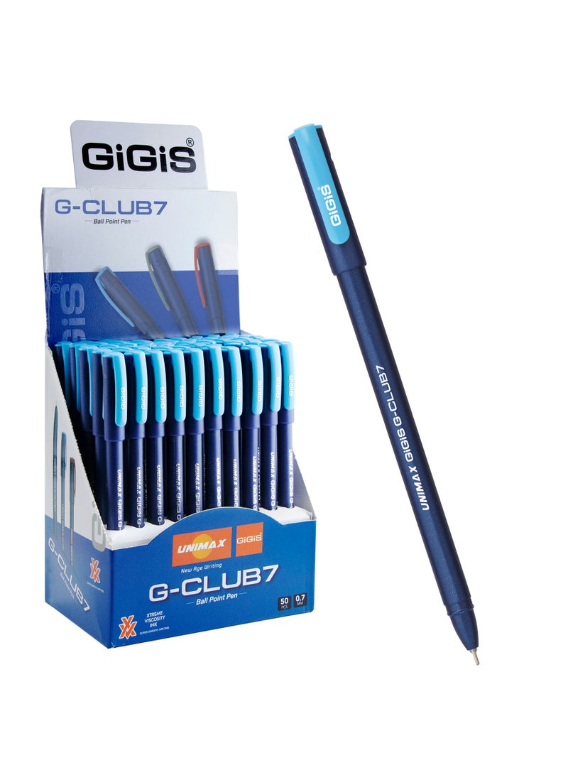 قلم حبر جاف يونيماكس G-Club7 50 قطعة، 0.7 مم، أزرق، قلم حبر سائل ناعم للمدرسة والمكتب والمنزل