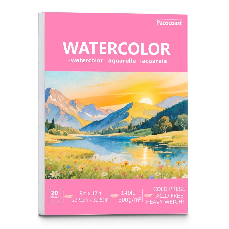 Pacocoast Watercolor Paper, 9"X12" Artist Drawing Paper Pads, (300gsm/140lb) Water Color Sketch Book for Painting, Arts & Crafts Supplies for Adults, Watercolor Journal Notebook, Pink - Image 1