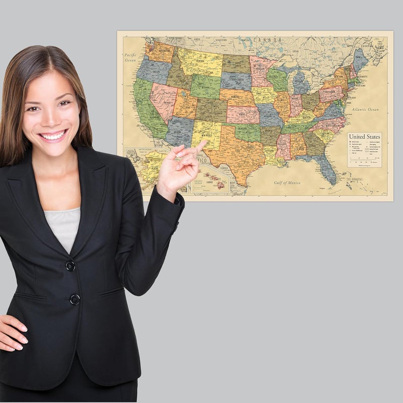 Palace Learning ملصق خريطة الولايات المتحدة المصفح - مخطط جدار خريطة الولايات المتحدة - صنع في الولايات المتحدة [أصفر] - Image 4
