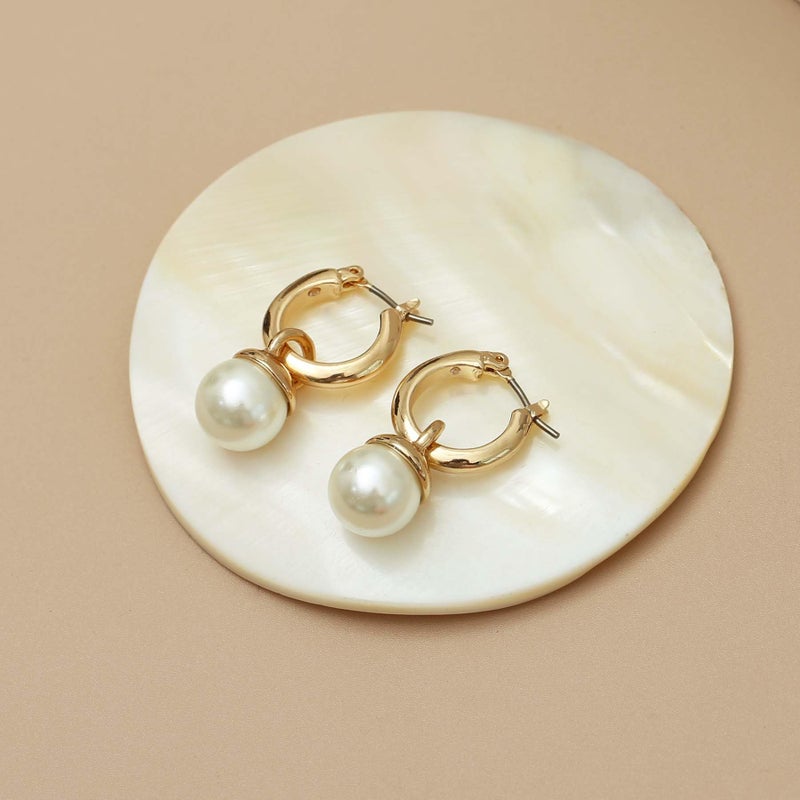 S SUSANN Small Chunky Gold pearl Hoop Earrings For Women, 14k Gold Thick statement huggie hoop earrings Trendy Hoop Earrings Set Hypoallergenic Fashion Earrings (Pearl drop) - Image 2