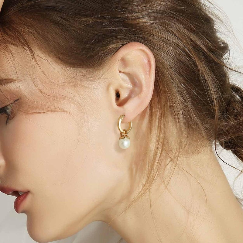 S SUSANN Small Chunky Gold pearl Hoop Earrings For Women, 14k Gold Thick statement huggie hoop earrings Trendy Hoop Earrings Set Hypoallergenic Fashion Earrings (Pearl drop) - Image 4