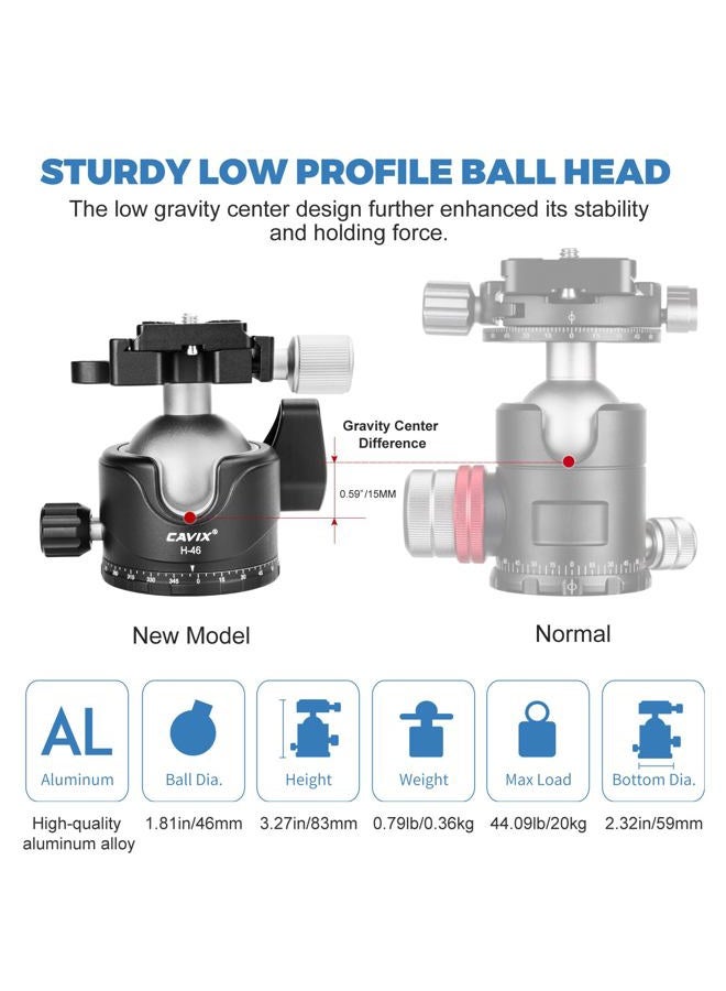 CAVIX Tripod Ball Head, H-46 Metal Ball Head Camera Tripod Head 44lbs/20kg Load with Arca Swiss Quick Release Plate for Tripod, Monopod, DSLR, Camera… - Image 2