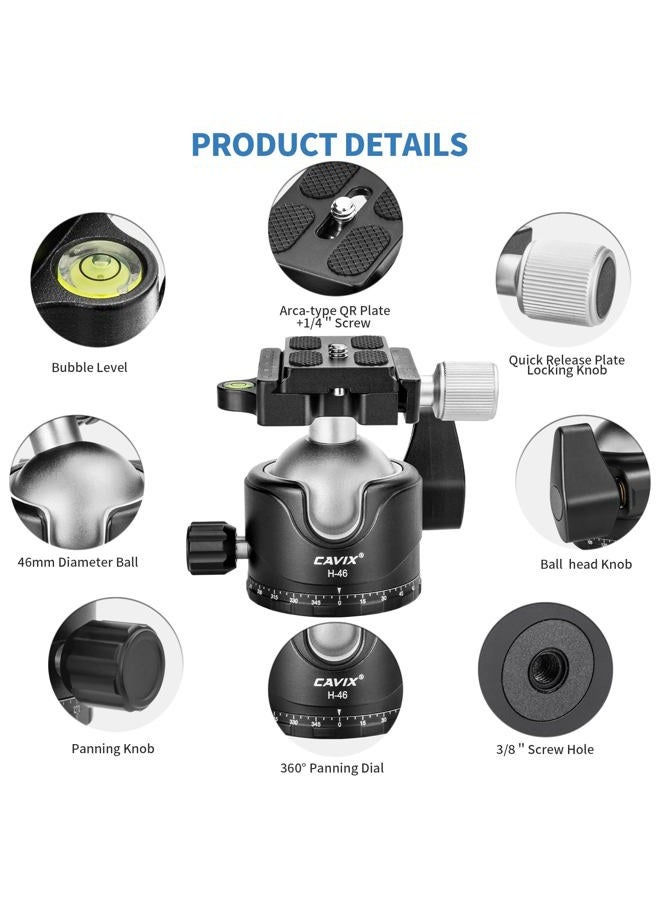 CAVIX Tripod Ball Head, H-46 Metal Ball Head Camera Tripod Head 44lbs/20kg Load with Arca Swiss Quick Release Plate for Tripod, Monopod, DSLR, Camera… - Image 4