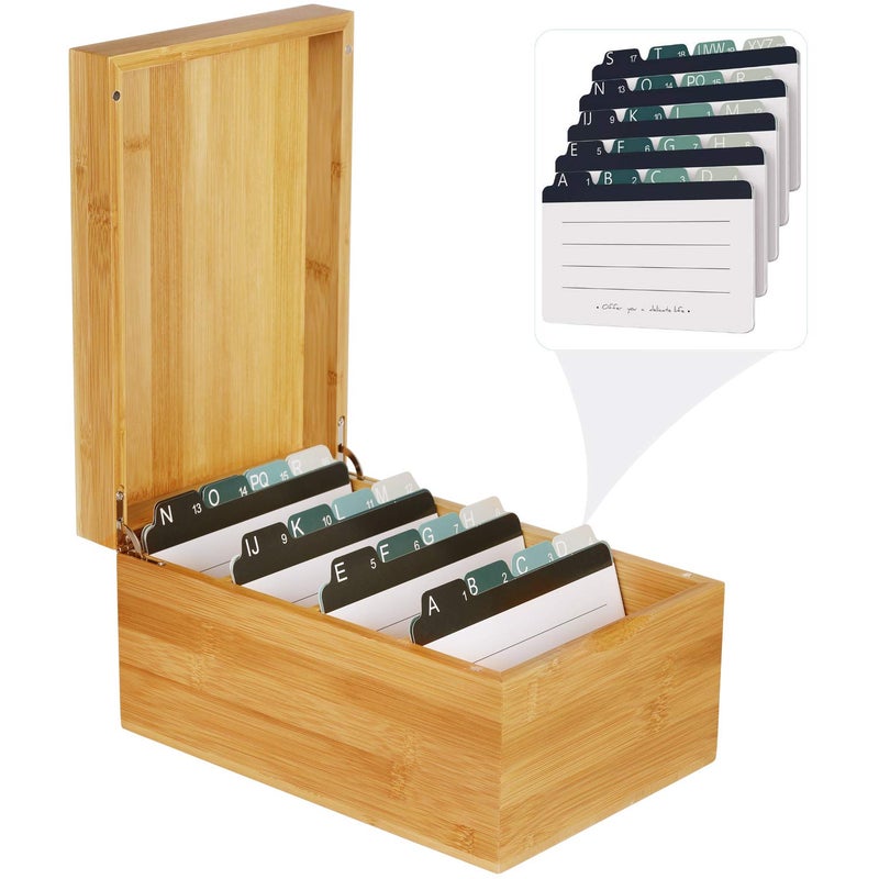 MaxGear Index Card Holder 4 x 6Inch Wooden Business Card Organizer for Desk with 4 Dividers Bamboo Index Cards Box with AZ Tabs Holds 600 Cards for Recipe Flash Storage