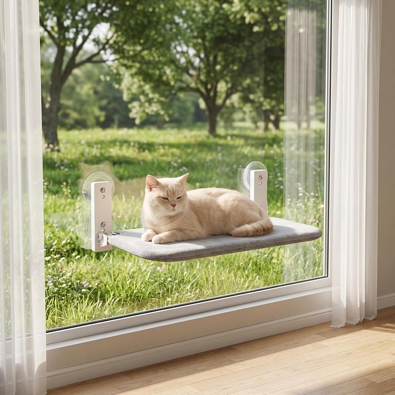 PEFUNY Cordless Folding Cat Window Perch, Cat Hammock for Window and Wall, with 4 Suction Cups, Sturdy Setal Frame for Glass Windows and Interior Walls (Grey Medium) - Image 1
