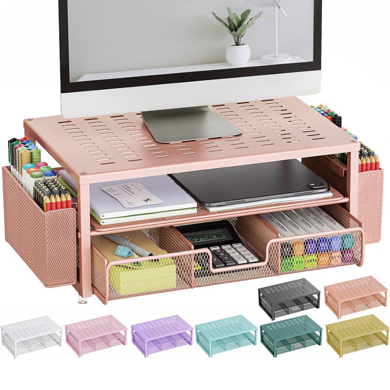 gianotter Desk Organizers and Accessories Monitor Stand with Drawer and 2 Pen Holder Desktop Organizer Suitable for Offices and Dormitories Rose Gold