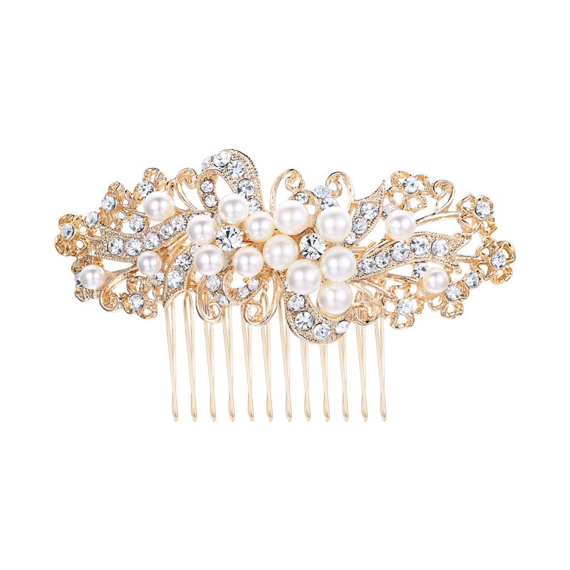 EVER FAITH Wedding Leaf Decorative Ivory Color Simulated Pearl Hair Side Comb Clear Austrian Crystal