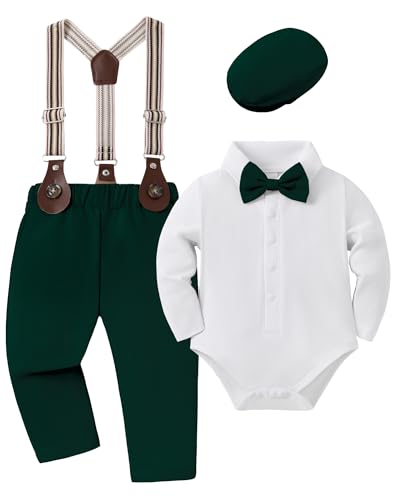 YUEMION Baby Boy Clothes Wedding Outfit Infant Tuxedo Gentleman Suits Dress Shirt Beret Hat Suspender Pants Bowtie Green 612 Months - Image 1