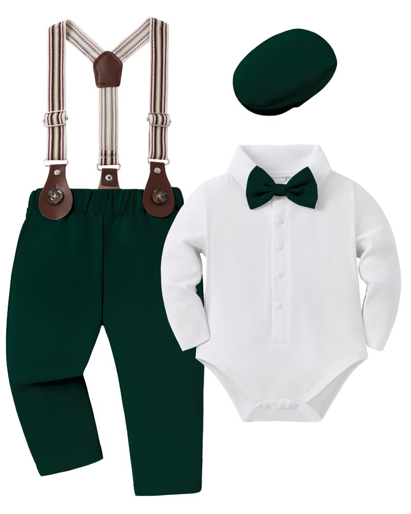 YUEMION Baby Boy Clothes Wedding Outfit Infant Tuxedo Gentleman Suits Dress Shirt Beret Hat Suspender Pants Bowtie Green 612 Months - Image 2