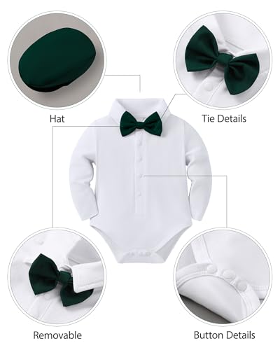 YUEMION Baby Boy Clothes Wedding Outfit Infant Tuxedo Gentleman Suits Dress Shirt Beret Hat Suspender Pants Bowtie Green 612 Months - Image 3