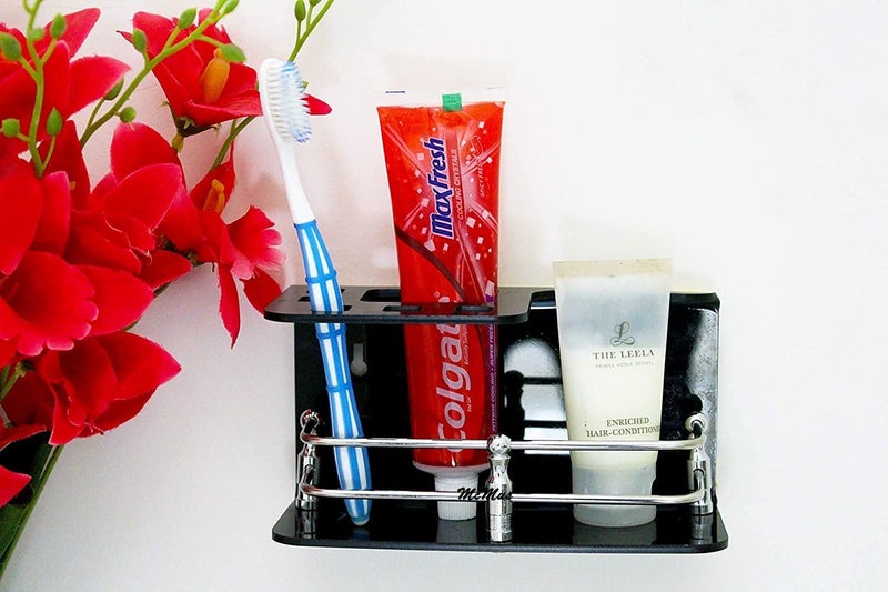McMus Easy Stick On self Adhesive Wall Mount Acrylic and Stainless Steel Toothbrush HolderStandTumblerToothpaste Holder for Bathroom Stand Organizer Rack for Home Black - Image 3