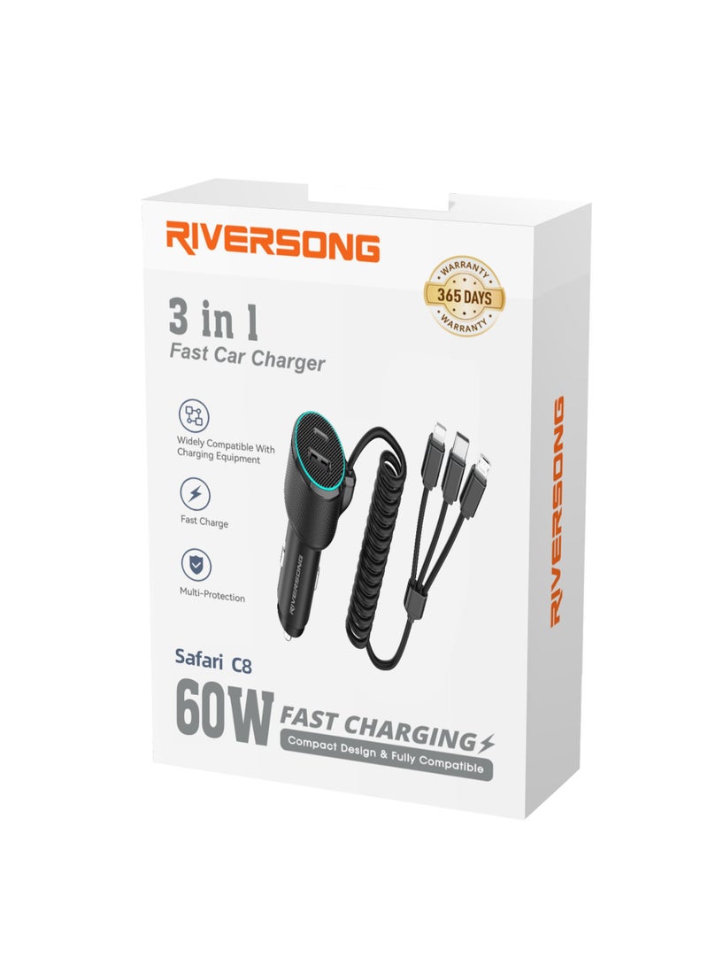 RIVERSONG SAFARIC8 Safari 5-in-1 Fast Car Charger 60W, Dual Port (USB-A & Type-C) with Built-in 3 Cables (2 Type-C & 1 Lightning), 1.8m Cable Length, Smart Chip, Multiple Protection – Black - Image 3