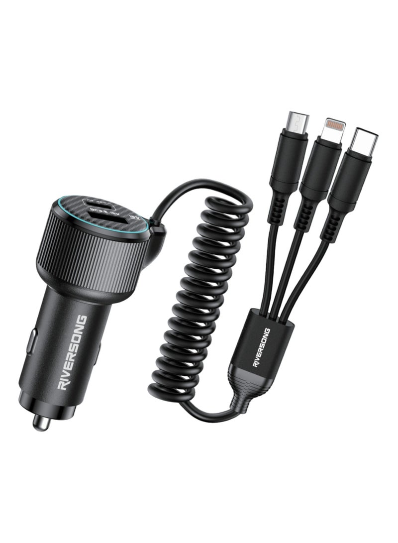 RIVERSONG SAFARIC8 Safari 5-in-1 Fast Car Charger 60W, Dual Port (USB-A & Type-C) with Built-in 3 Cables (2 Type-C & 1 Lightning), 1.8m Cable Length, Smart Chip, Multiple Protection – Black - Image 1