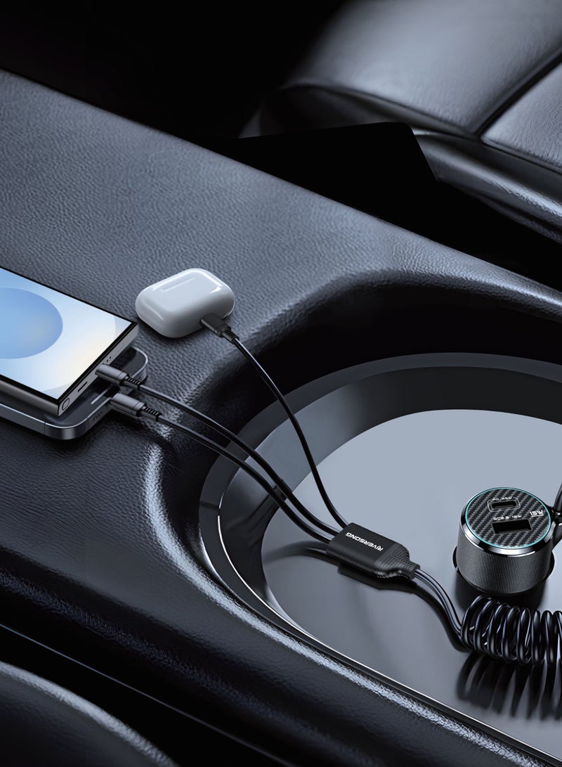 RIVERSONG SAFARIC8 Safari 5-in-1 Fast Car Charger 60W, Dual Port (USB-A & Type-C) with Built-in 3 Cables (2 Type-C & 1 Lightning), 1.8m Cable Length, Smart Chip, Multiple Protection – Black - Image 2