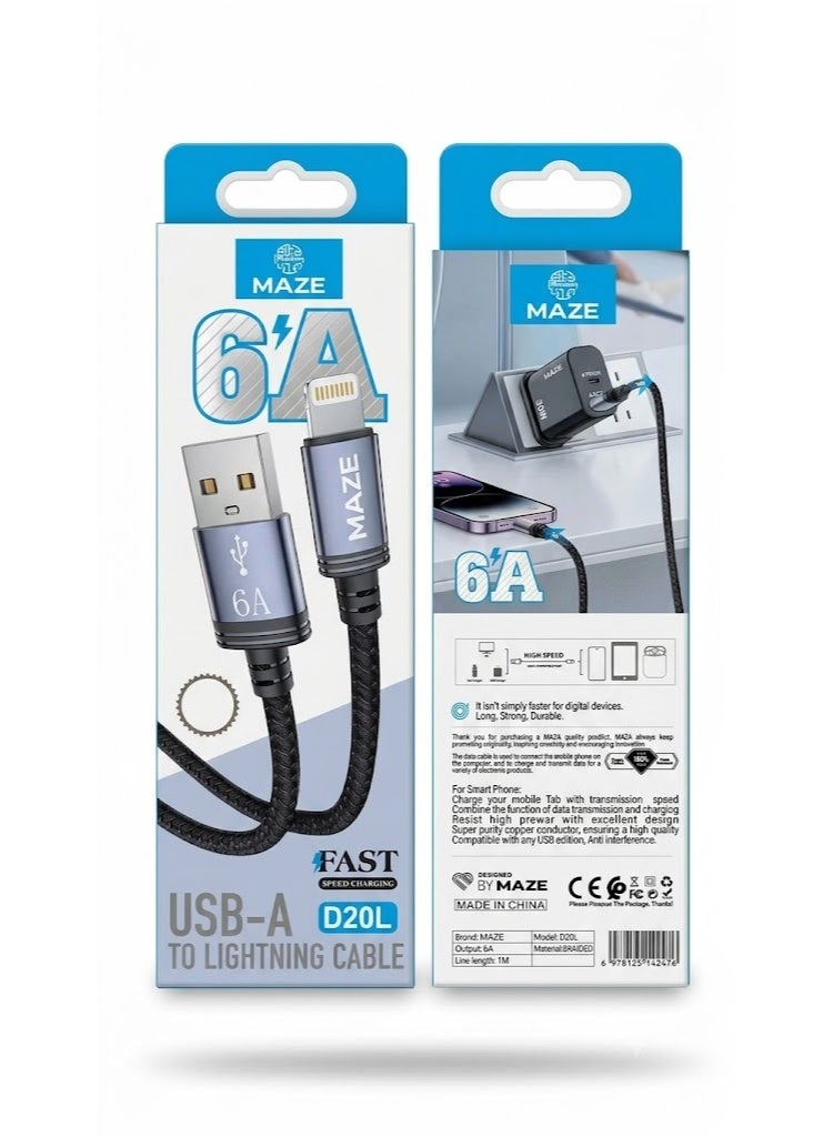 ميذ كابل Lightning إلى USB للشحن السريع بقوة 6 أمبير – يدعم تقنية الشحن السريع QC 3.0 ونقل البيانات عالي السرعة، يتميز بهيكل متين مجدول من النايلون ومقاوم للثني، بطول 1 متر، ومتوافق مع الهواتف الذكية والأجهزة اللوحية وأجهزة الكمبيوتر المحمولة. - Image 3