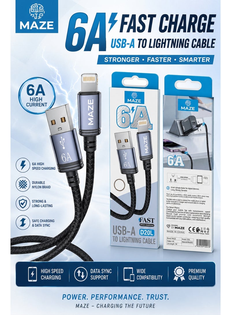 ميذ كابل Lightning إلى USB للشحن السريع بقوة 6 أمبير – يدعم تقنية الشحن السريع QC 3.0 ونقل البيانات عالي السرعة، يتميز بهيكل متين مجدول من النايلون ومقاوم للثني، بطول 1 متر، ومتوافق مع الهواتف الذكية والأجهزة اللوحية وأجهزة الكمبيوتر المحمولة. - Image 2