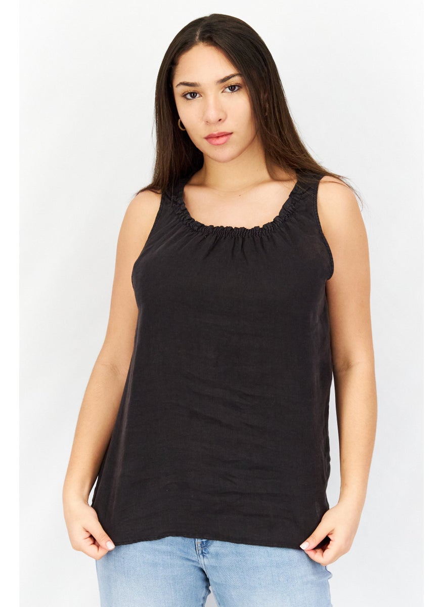 EDC Women Round Neck Sleeveless Plain Top, Black  - Image 1