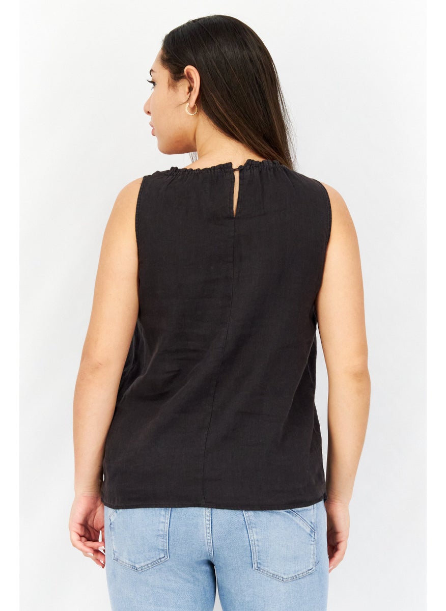 EDC Women Round Neck Sleeveless Plain Top, Black  - Image 2