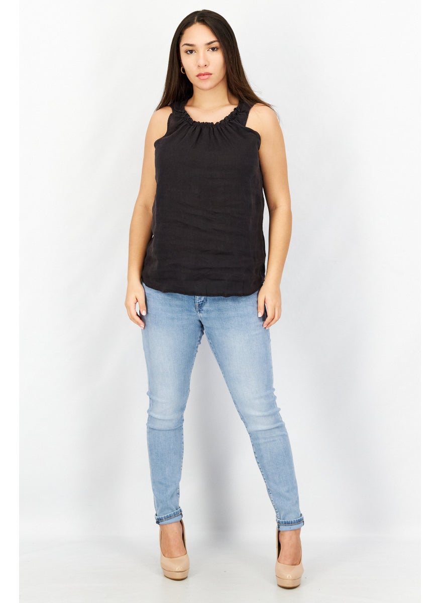 EDC Women Round Neck Sleeveless Plain Top, Black  - Image 3