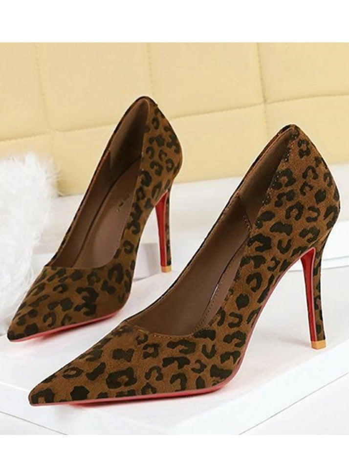 BIGTREE Women's Closed Pointed Toe High Heel Pumps Suede Stiletto Heels Leopard Print 10CM - Image 1
