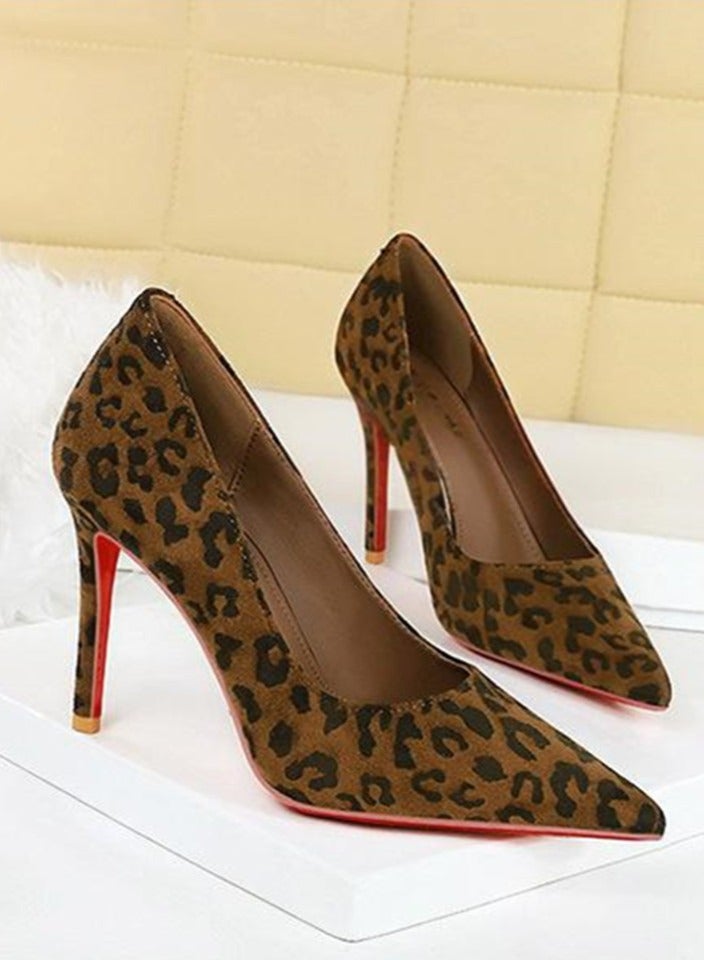 BIGTREE Women's Closed Pointed Toe High Heel Pumps Suede Stiletto Heels Leopard Print 10CM - Image 2
