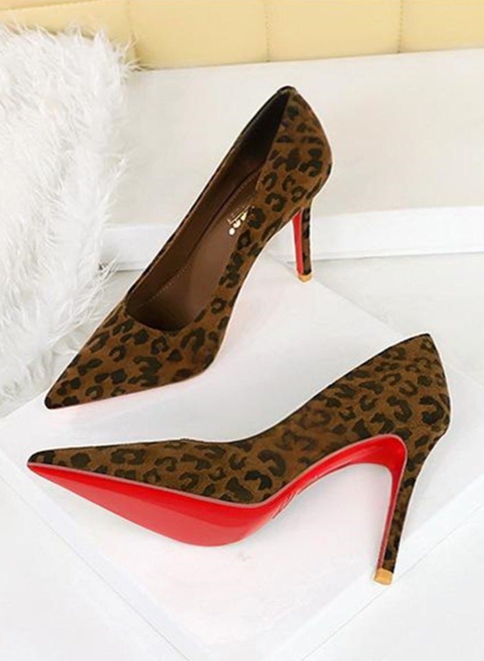 BIGTREE Women's Closed Pointed Toe High Heel Pumps Suede Stiletto Heels Leopard Print 10CM - Image 3