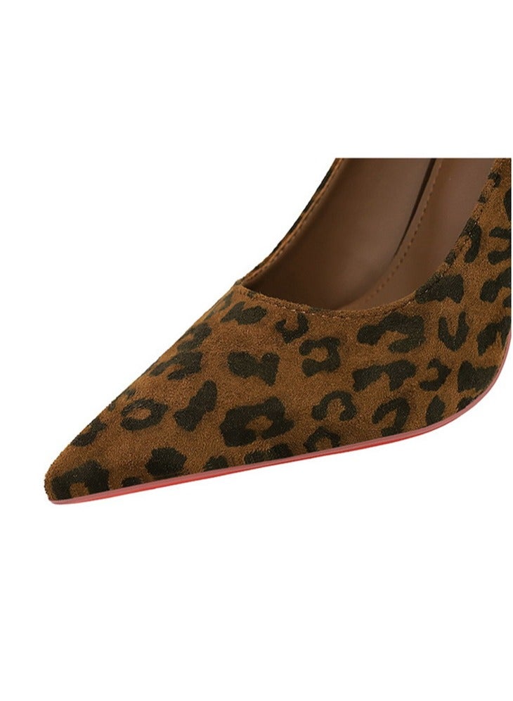 BIGTREE Women's Closed Pointed Toe High Heel Pumps Suede Stiletto Heels Leopard Print 10CM - Image 4