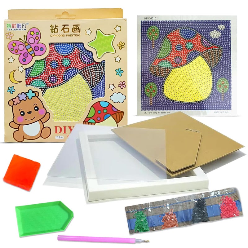 LitVibes DIY Diamond Painting Kit with Frame for Kids Adults Art Craft Set Suitable for Home Wall Decoration Fun Birthday Return Gift for Children Multicolor Game Mushroom Design