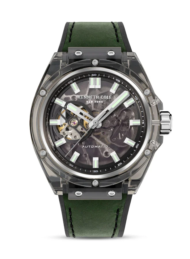Kenneth Cole New York Kenneth Cole New York 44mm Automatic Men's Watch with Translucent Black Dial & Green, Black Silicone Strap