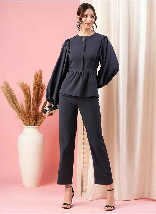 Mish Balloon Sleeves Round Neck Blouse & Solid Button Co-Ord Set