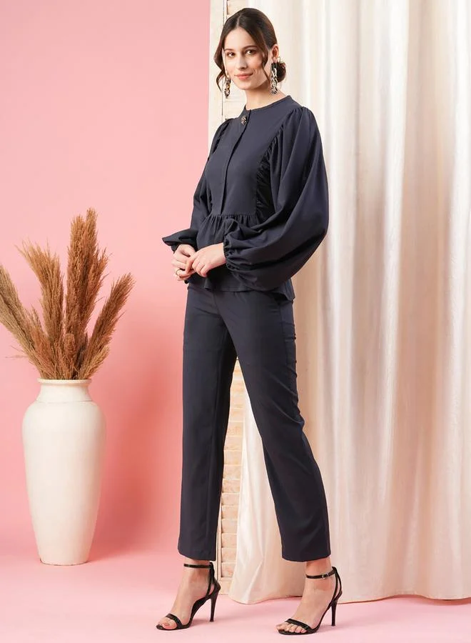 Mish Balloon Sleeves Round Neck Blouse & Solid Button Co-Ord Set by Styli