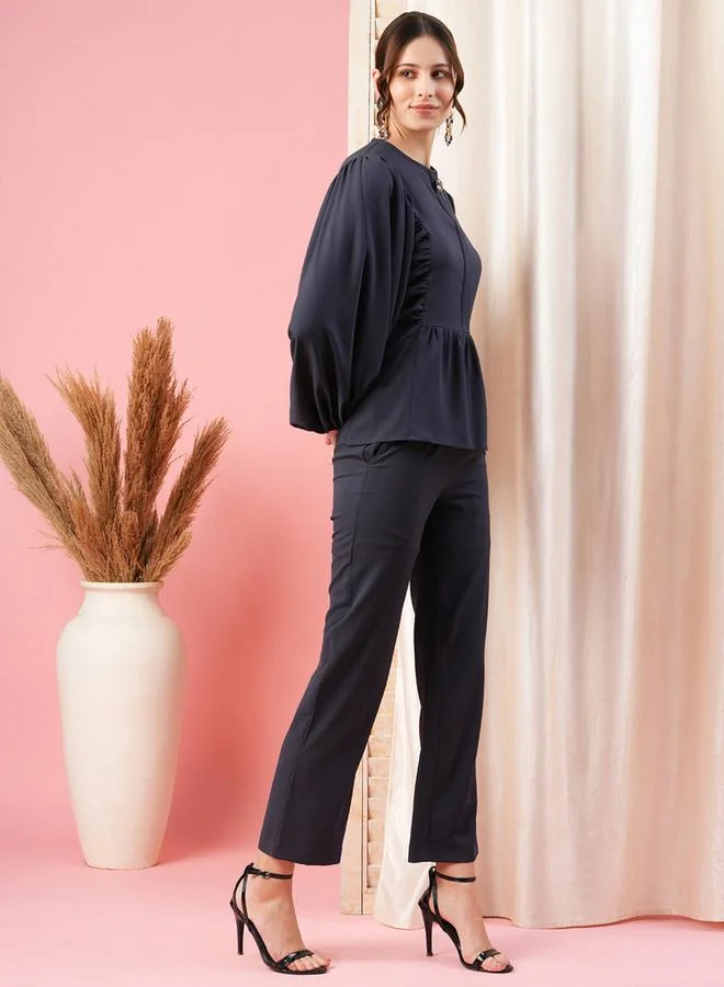 Mish Balloon Sleeves Round Neck Blouse & Solid Button Co-Ord Set by Styli