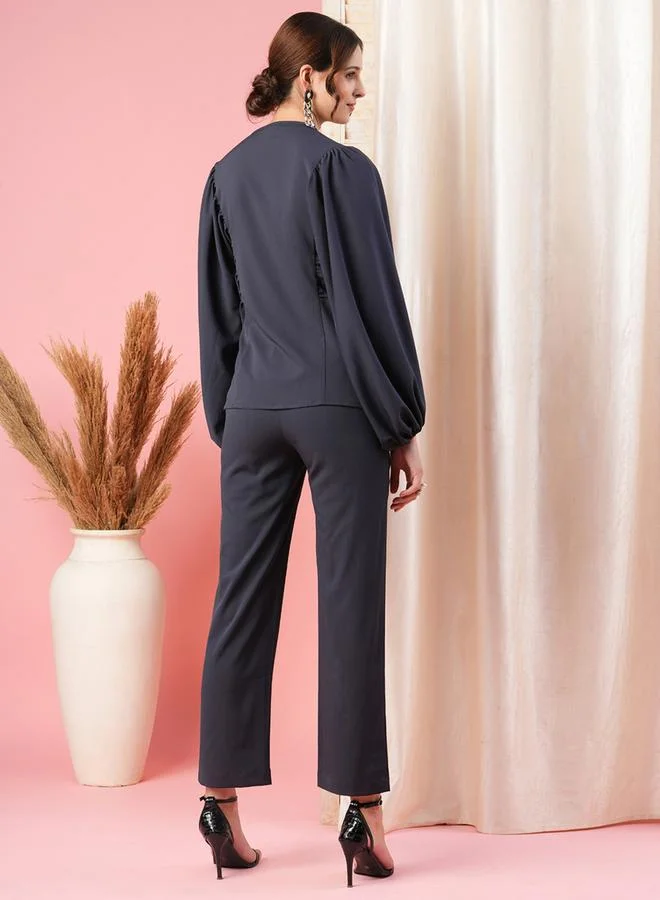Mish Balloon Sleeves Round Neck Blouse & Solid Button Co-Ord Set by Styli
