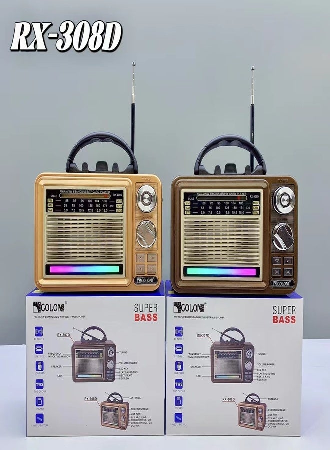 جولون راديو RX-308D جديد قابل لإعادة الشحن مع وصلة لاسلكية ومشغل MP3 USB وراديو عتيق قديم ومشغل خارجي TWS RGB  - Image 5