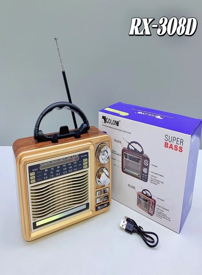 جولون راديو RX-308D جديد قابل لإعادة الشحن مع وصلة لاسلكية ومشغل MP3 USB وراديو عتيق قديم ومشغل خارجي TWS RGB  - Image 1