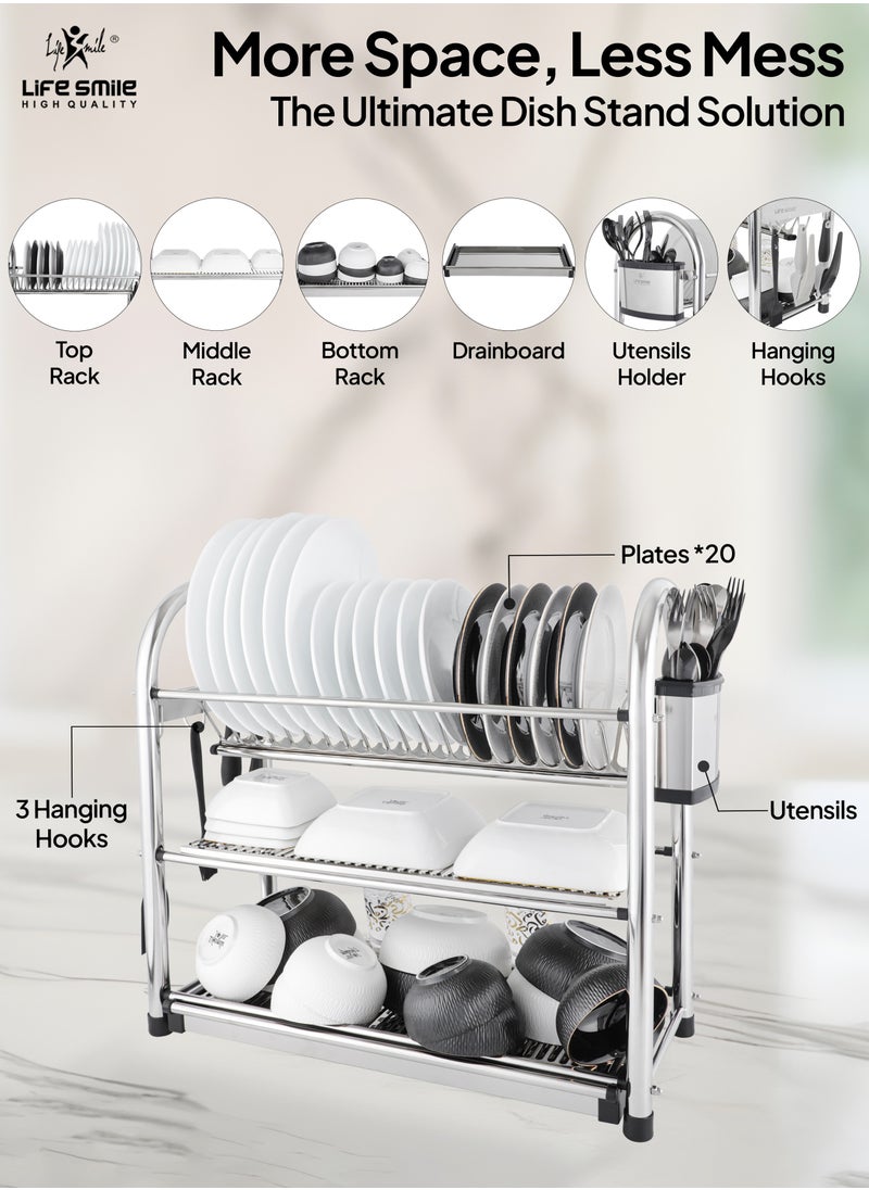Life Smile LIFE SMILE Dish Drying Rack, 3 Tier Dish Drying Rack Stainless Steel Large Capacity Rack With Removable Drip Tray, Cup Holder and Utensil Holder for Kitchen Countertop Saving Space  - Image 2