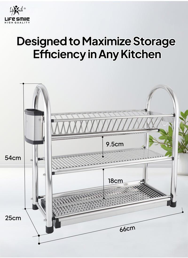 Life Smile LIFE SMILE Dish Drying Rack, 3 Tier Dish Drying Rack Stainless Steel Large Capacity Rack With Removable Drip Tray, Cup Holder and Utensil Holder for Kitchen Countertop Saving Space  - Image 3