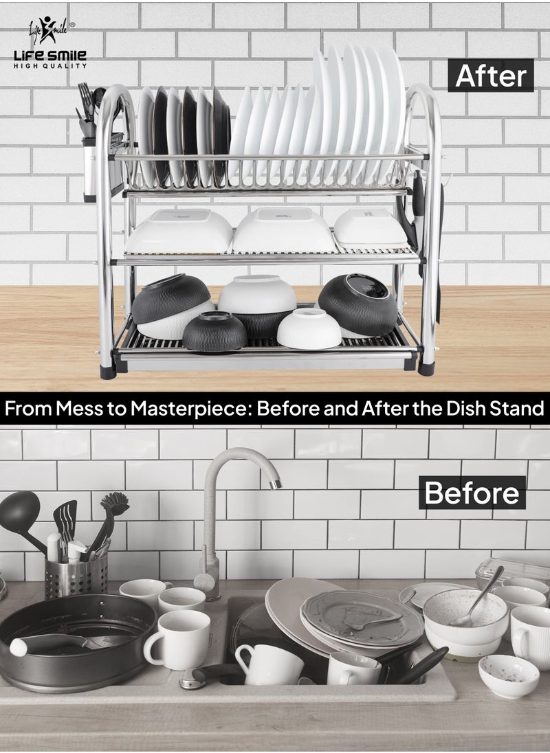 Life Smile LIFE SMILE Dish Drying Rack, 3 Tier Dish Drying Rack Stainless Steel Large Capacity Rack With Removable Drip Tray, Cup Holder and Utensil Holder for Kitchen Countertop Saving Space  - Image 5