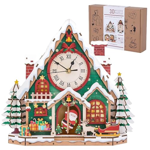 Jollitot 3D Puzzles for Adults Christmas Snow House Wall Clock 3D Wooden Puzzles Clock Kits for DIY Birthday Gift for Women Men Home Decor Holiday Christmas - Image 1