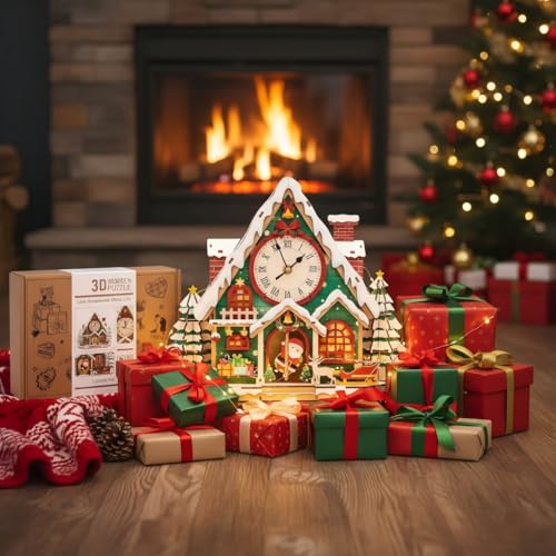 Jollitot 3D Puzzles for Adults Christmas Snow House Wall Clock 3D Wooden Puzzles Clock Kits for DIY Birthday Gift for Women Men Home Decor Holiday Christmas - Image 5