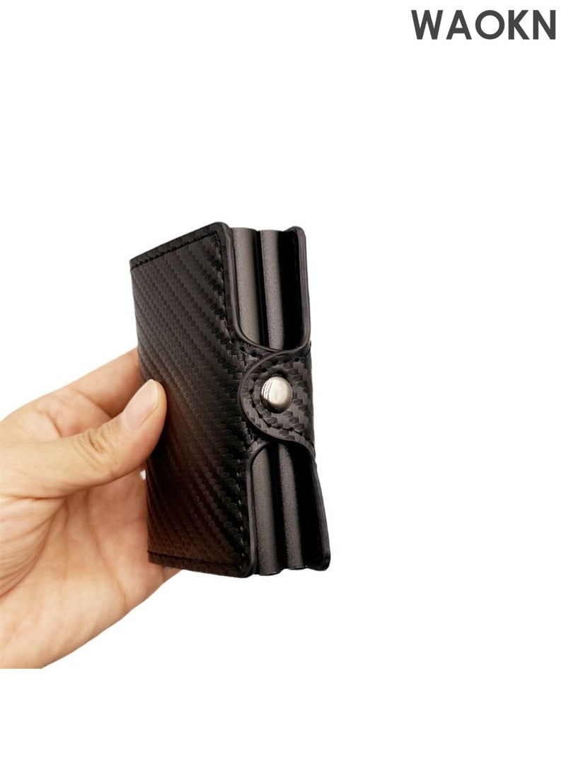 WAOKN Men's wallet credit card holder, ultra light and convenient to carry, one press can automatically pop out the wallet, leather ultra-thin card cover front pocket anti-theft travel thin wallet, metal wallet can hold up to 14 cards and cash. - Image 1