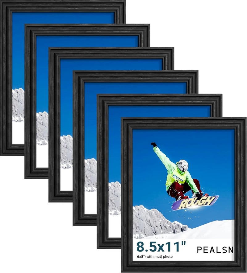 PEALSN 8.5 by 11 Picture Frame Set of 6, Display Pictures 6 x 8 with Mat or 8.5 x 11 without Mat, Wall Gallery Photo Frames for Wall Mounting or Tabletop Display, Black Woodgrain - Image 1