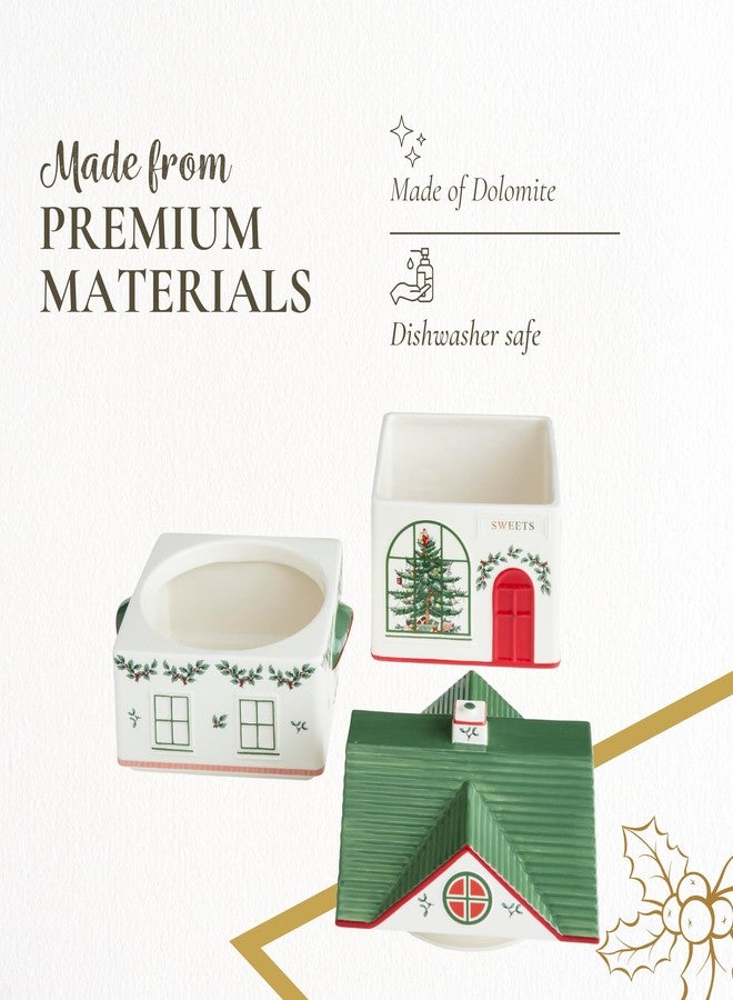 سبود علبة تخزين سبود بتصميم قرية عيد الميلاد بثلاثة أقسام - حاوية تخزين احتفالية من الدولوميت للأطعمة والبسكويت والحلويات ومكونات الخبز - تصميم منزل عيد الميلاد - طقم هدايا مثالي للأعياد - Image 4