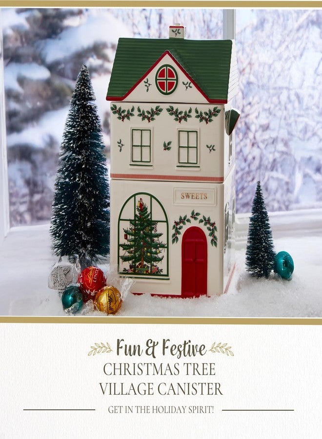 سبود علبة تخزين سبود بتصميم قرية عيد الميلاد بثلاثة أقسام - حاوية تخزين احتفالية من الدولوميت للأطعمة والبسكويت والحلويات ومكونات الخبز - تصميم منزل عيد الميلاد - طقم هدايا مثالي للأعياد - Image 2