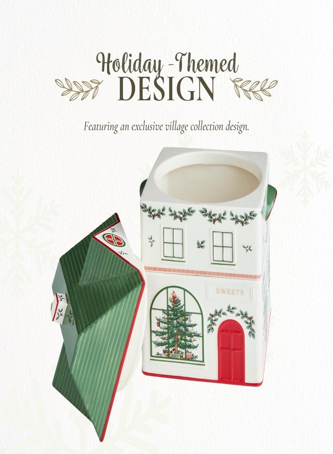 سبود علبة تخزين سبود بتصميم قرية عيد الميلاد بثلاثة أقسام - حاوية تخزين احتفالية من الدولوميت للأطعمة والبسكويت والحلويات ومكونات الخبز - تصميم منزل عيد الميلاد - طقم هدايا مثالي للأعياد - Image 3