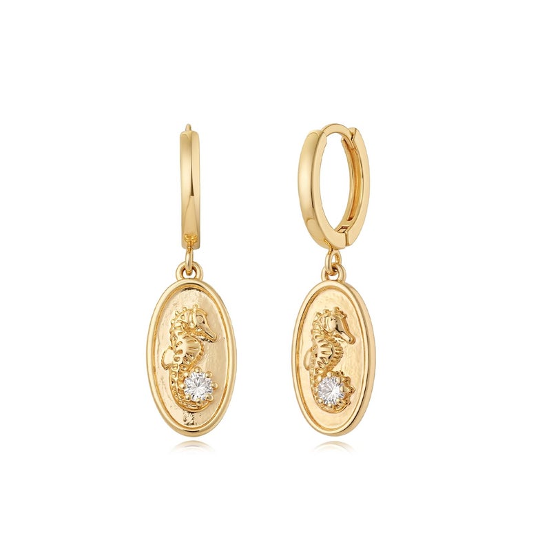 MYEARS Women Seahorse Earrings Gold Huggie Hoop Oval Dangle Drop Cubic Zirconia 14K Gold Plated Small Simple Hypoallergenic Everyday Summer Boho Beach Jewelry - Image 1